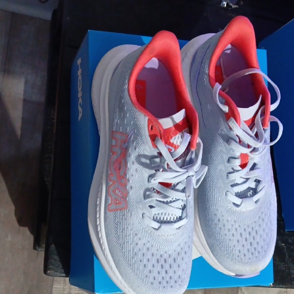 Hoka Shoes - Hoka Women's Light Gray and Coral Athletic Shoes